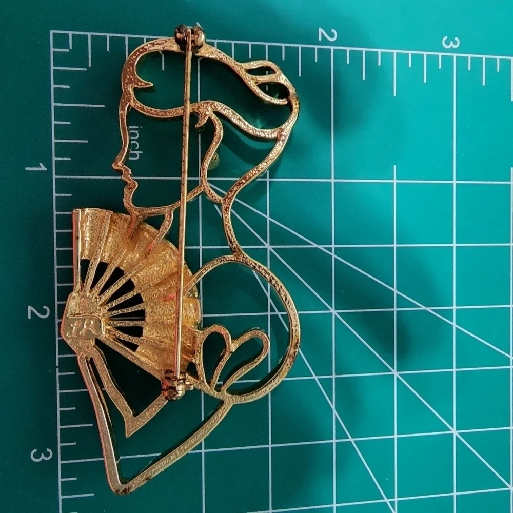 Vintage Lady Remington Signed Victorian Gold-Tone Lady with Fan Brooch